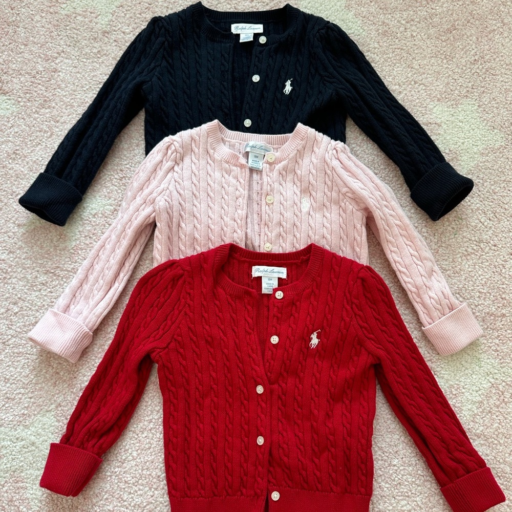 Ralph Lauren Baby Girls Cable Cotton Cardigans (Set: Navy, Pink, Red) Size 18M